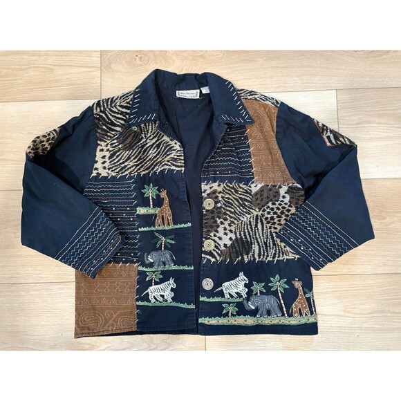 New Directions Jackets & Blazers - New Direction Safari Patchwork Women Jacket Embroidered African Animals Cotton M